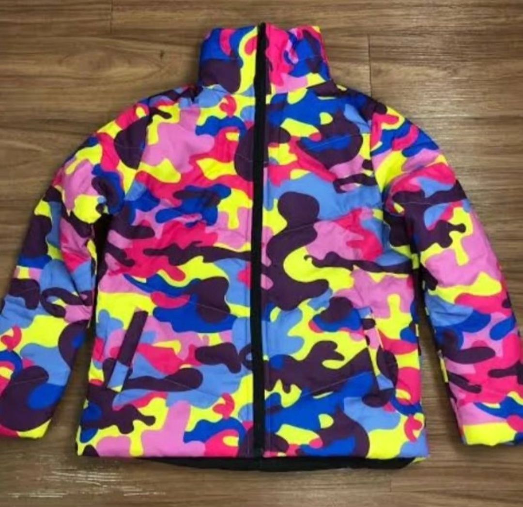 Colorful sublimation puffer jacket featuring geometric designs
