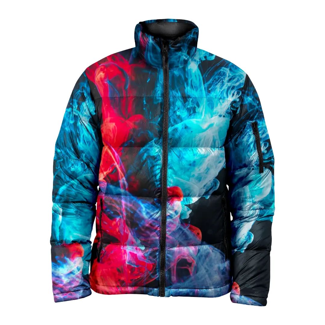 Front-zip sublimation puffer jacket in gradient hues