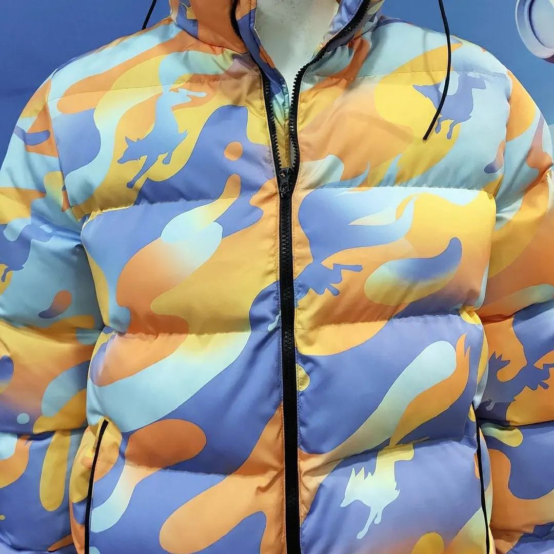 Close-up of a sublimation puffer jacket's textured fabric